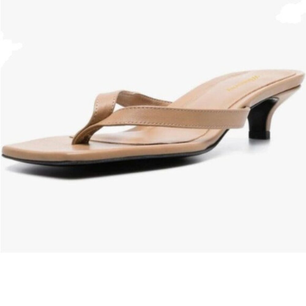 Wansseny Sandy Brown Square Open Toe Mid Heel Flip Flops Mules Sandals Shoes